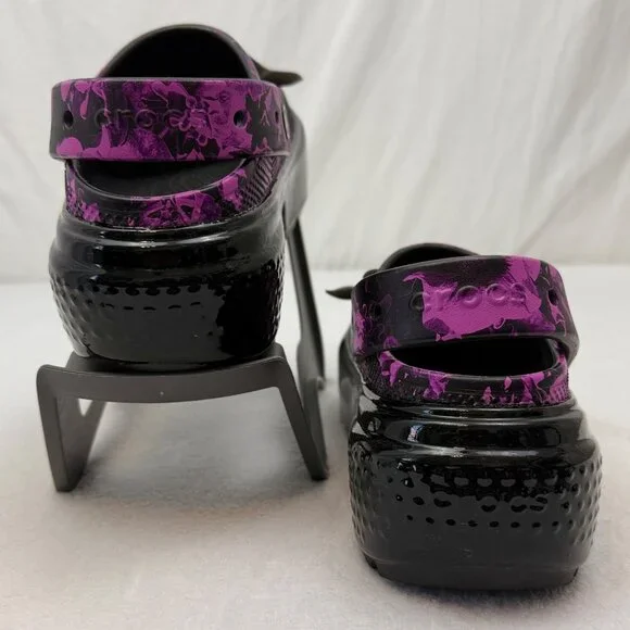 Crocs Platform Sandals Floral Print Purple Black w/Flower Croc Charms - Picture 2 of 10